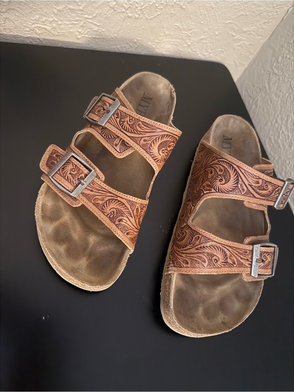 Myra Bag Brown Tooled Leather Adjustable Buckle Sandals